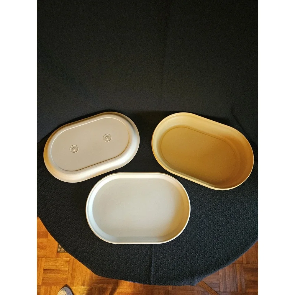 VTG Tupperware 3 Piece Set #1326 Harvest Gold & Almond Lids  ~ Hot/Cold Tray Set